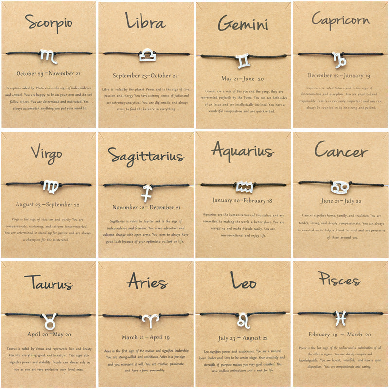 Pulsera de cordón negro ajustable de doce constelaciones al por mayor